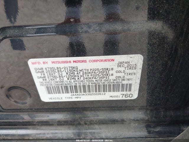2016 Mitsubishi Outlander Sel მანქანა იყიდება აუქციონზე, vin: JA4AD3A33GZ022612, აუქციონის ნომერი: 45797157