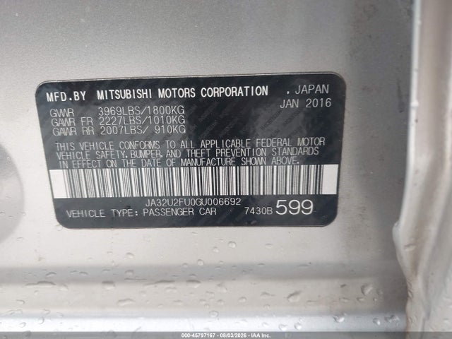 Aukcja sprzedaży 2016 Mitsubishi Lancer Es, vin: JA32U2FU0GU006692, numer aukcji: 45797167