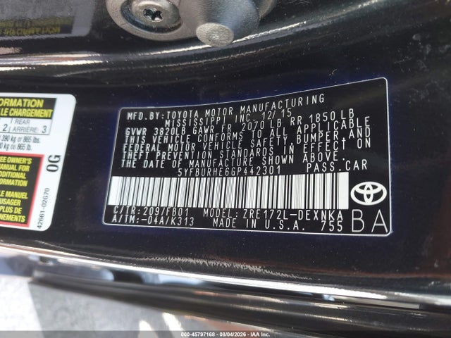 2016 Toyota Corolla Le Plus მანქანა იყიდება აუქციონზე, vin: 5YFBURHE6GP442301, აუქციონის ნომერი: 45797168