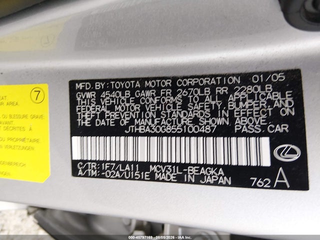 Aukcja sprzedaży 2005 Lexus Es 330, vin: JTHBA30G855100487, numer aukcji: 45797169