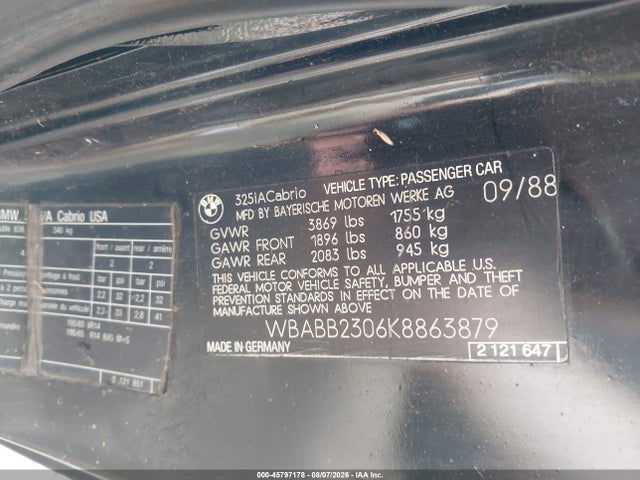 Продажа на аукционе авто 1989 Bmw 325 I Automatic, vin: WBABB2306K8863879, номер лота: 45797178