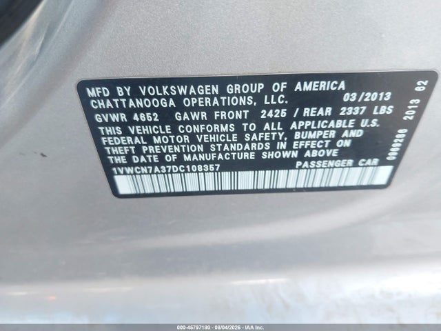 2013 Volkswagen Passat 2.0l Tdi Sel Premium მანქანა იყიდება აუქციონზე, vin: 1VWCN7A37DC108357, აუქციონის ნომერი: 45797180