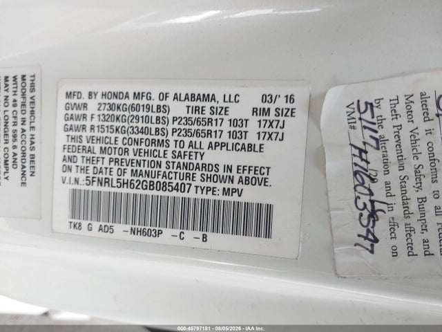 5FNRL5H62GB085407 Honda Odyssey Ex-l