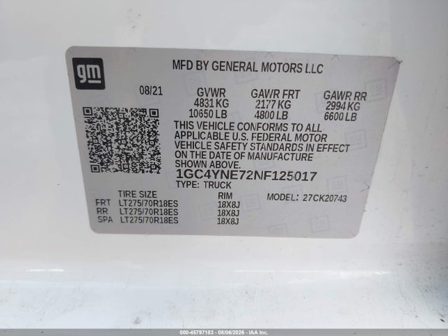 45797183 :رقم المزاد ، 1GC4YNE72NF125017 vin ، 2022 Chevrolet Silverado 2500hd 4wd  Standard Bed Lt مزاد بيع