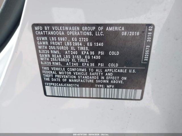 Продаж на аукціоні авто 2018 Volkswagen Atlas 3.6l V6 Se W/technology, vin: 1V2PR2CA5JC592174, номер лоту: 45797200