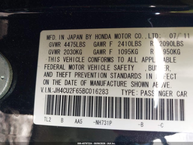 Aukcja sprzedaży 2011 Acura Tsx 2.4, vin: JH4CU2F65BC016283, numer aukcji: 45797224