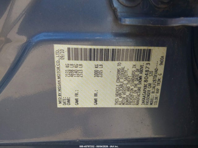 2011 Nissan Maxima 3.5 Sv მანქანა იყიდება აუქციონზე, vin: 1N4AA5APXBC804873, აუქციონის ნომერი: 45797232