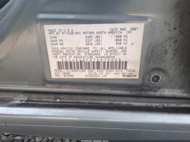 Продажа на аукционе авто 2007 Mitsubishi Galant Es/se, vin: 4A3AB36F07E074928, номер лота: 45797243
