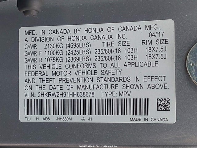 Honda Cr-v Touring 2017 2HKRW2H91HH638678 Image 9