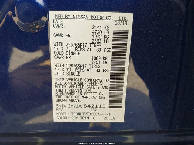 Продажа на аукционе авто 2018 Nissan Rogue Sv, vin: 5N1AT2MV1JC842113, номер лота: 45797256