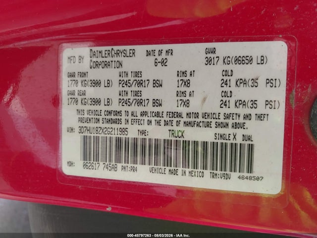 45797263 :رقم المزاد ، 3D7HU18ZX2G211985 vin ، 2002 Dodge Ram 1500 St مزاد بيع