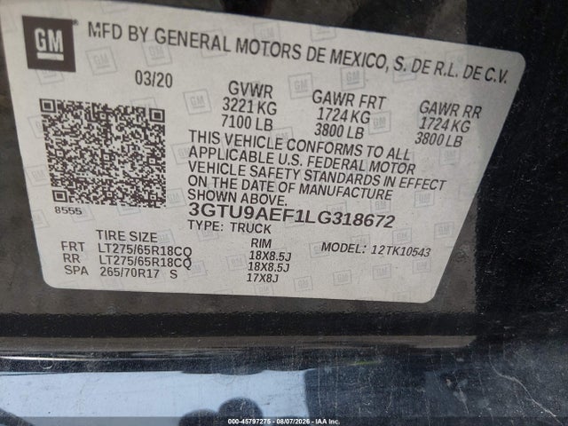 45797275 :رقم المزاد ، 3GTU9AEF1LG318672 vin ، 2020 Gmc Sierra 1500 4wd  Short Box مزاد بيع