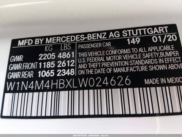 45797288 :رقم المزاد ، W1N4M4HBXLW024626 vin ، 2020 Mercedes-benz Glb 250 4matic مزاد بيع
