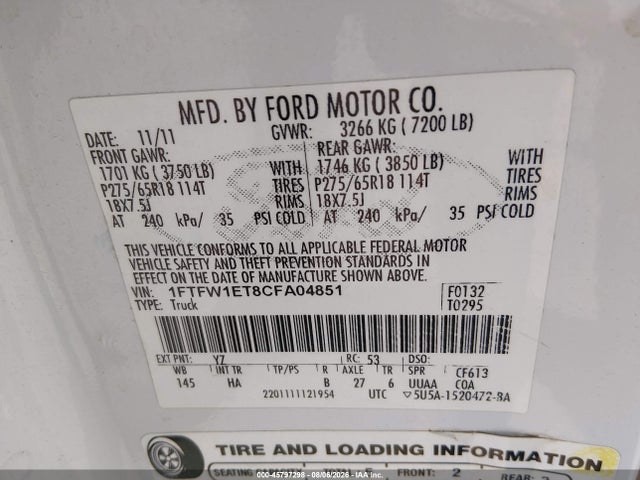 Продажа на аукционе авто 2012 Ford F-150 Lariat, vin: 1FTFW1ET8CFA04851, номер лота: 45797298