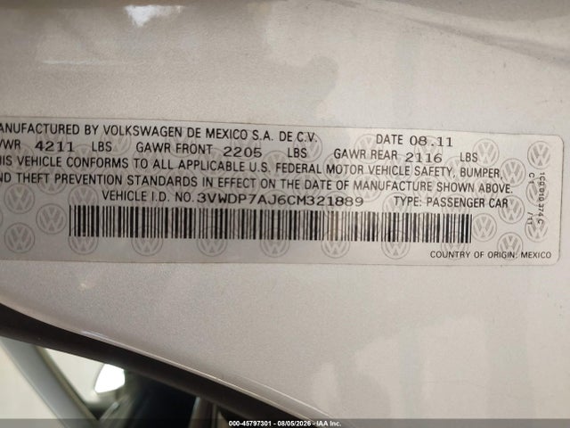 2012 Volkswagen Jetta 2.5l Se მანქანა იყიდება აუქციონზე, vin: 3VWDP7AJ6CM321889, აუქციონის ნომერი: 45797301