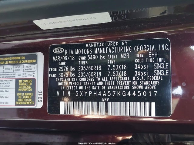 Продажа на аукционе авто 2019 Kia Sorento 3.3l Ex, vin: 5XYPH4A57KG445017, номер лота: 45797304