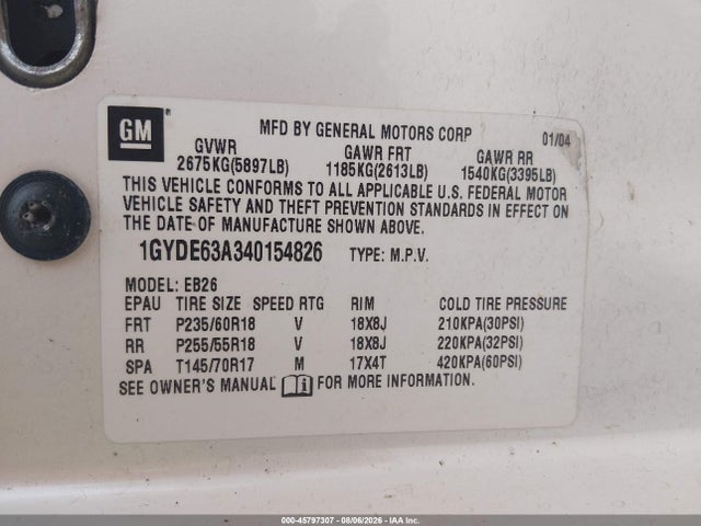 45797307 :رقم المزاد ، 1GYDE63A340154826 vin ، 2004 Cadillac Srx V8 مزاد بيع