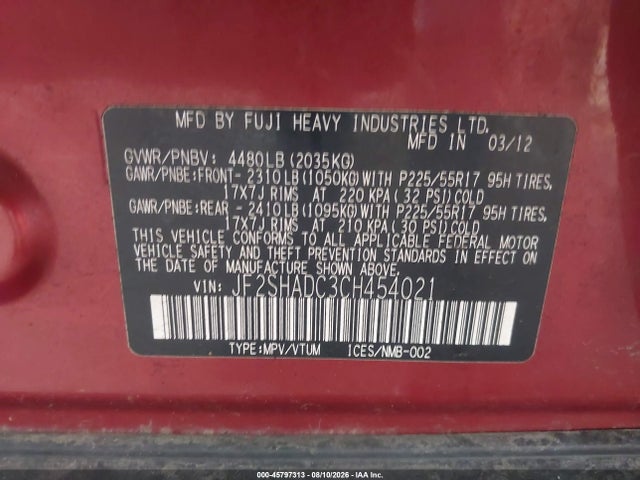 Продажа на аукционе авто 2012 Subaru Forester 2.5x Premium, vin: JF2SHADC3CH454021, номер лота: 45797313