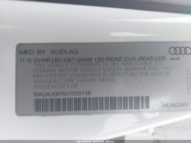 Продажа на аукционе авто 2017 Audi A3 Premium, vin: WAUAUGFF5H1039148, номер лота: 45797319