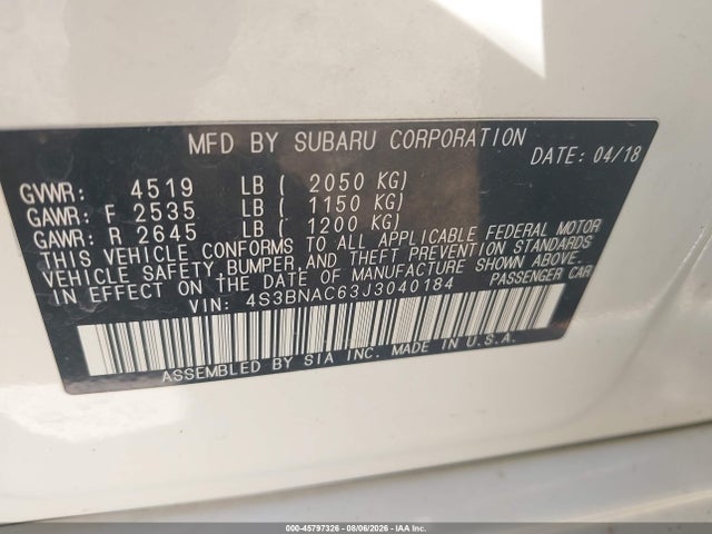 Продажа на аукционе авто 2018 Subaru Legacy 2.5i Premium, vin: 4S3BNAC63J3040184, номер лота: 45797326