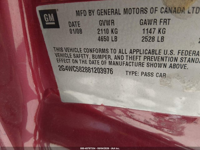 Продаж на аукціоні авто 2008 Buick Lacrosse Cx, vin: 2G4WC582881203976, номер лоту: 45797334
