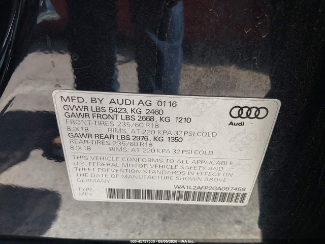 Продаж на аукціоні авто 2016 Audi Q5 2.0t Premium, vin: WA1L2AFP2GA097458, номер лоту: 45797335