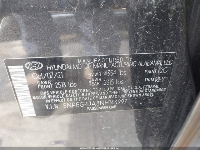 45797336 :رقم المزاد ، 5NPEG4JA8NH143997 vin ، 2022 Hyundai Sonata Se مزاد بيع