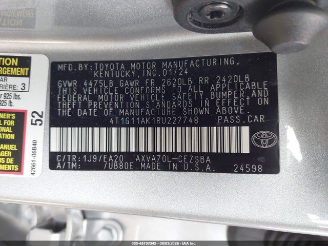 2024 Toyota Camry Se მანქანა იყიდება აუქციონზე, vin: 4T1G11AK1RU227748, აუქციონის ნომერი: 45797342