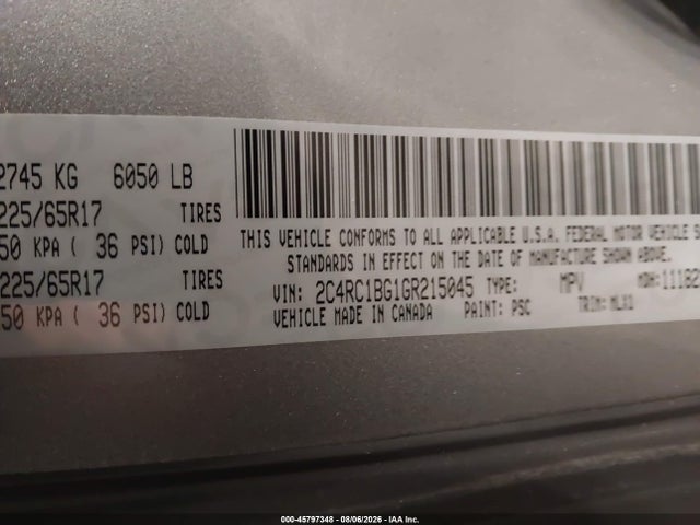 45797348 :رقم المزاد ، 2C4RC1BG1GR215045 vin ، 2016 Chrysler Town & Country Touring مزاد بيع