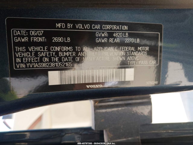 2008 Volvo S80 3.2l მანქანა იყიდება აუქციონზე, vin: YV1AS982381052165, აუქციონის ნომერი: 45797350