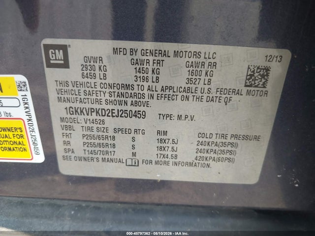 2014 Gmc Acadia Sle-2 მანქანა იყიდება აუქციონზე, vin: 1GKKVPKD2EJ250459, აუქციონის ნომერი: 45797362