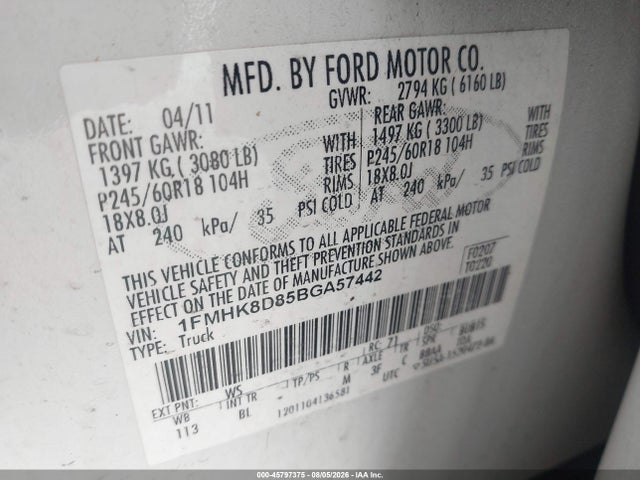 2011 Ford Explorer Xlt მანქანა იყიდება აუქციონზე, vin: 1FMHK8D85BGA57442, აუქციონის ნომერი: 45797375