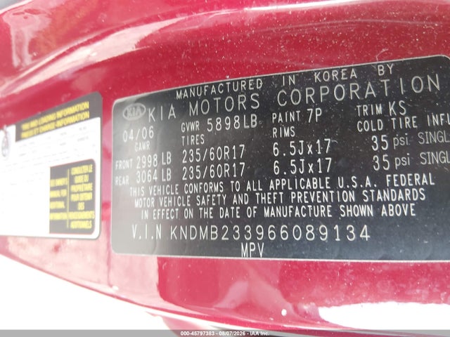 45797383 :رقم المزاد ، KNDMB233966089134 vin ، 2006 Kia Sedona Ex/lx مزاد بيع