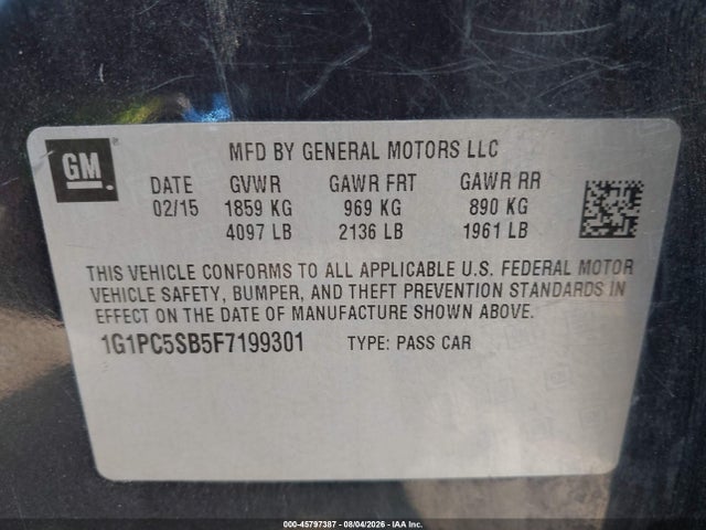 1G1PC5SB5F7199301 Chevrolet Cruze 1lt Auto