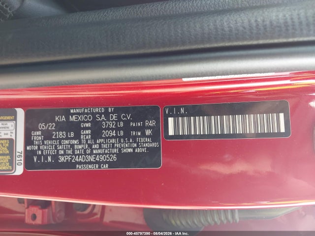 2022 Kia Forte Lxs მანქანა იყიდება აუქციონზე, vin: 3KPF24AD3NE490526, აუქციონის ნომერი: 45797390