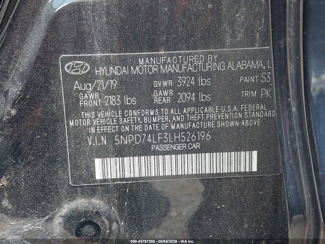 Aukcja sprzedaży 2020 Hyundai Elantra Se, vin: 5NPD74LF3LH526196, numer aukcji: 45797395