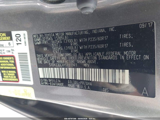 Продаж на аукціоні авто 2017 Toyota Sienna Xle Premium 8 Passenger, vin: 5TDYZ3DCXHS891941, номер лоту: 45797396