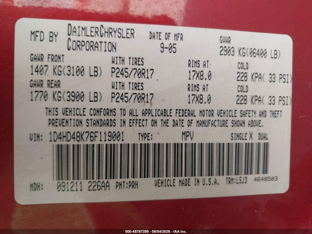 45797399 :رقم المزاد ، 1D4HD48K76F119001 vin ، 2006 Dodge Durango Slt مزاد بيع