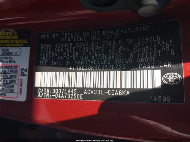 Продажа на аукционе авто 2006 Toyota Camry Xle, vin: 4T1BE30K46U128722, номер лота: 45797410
