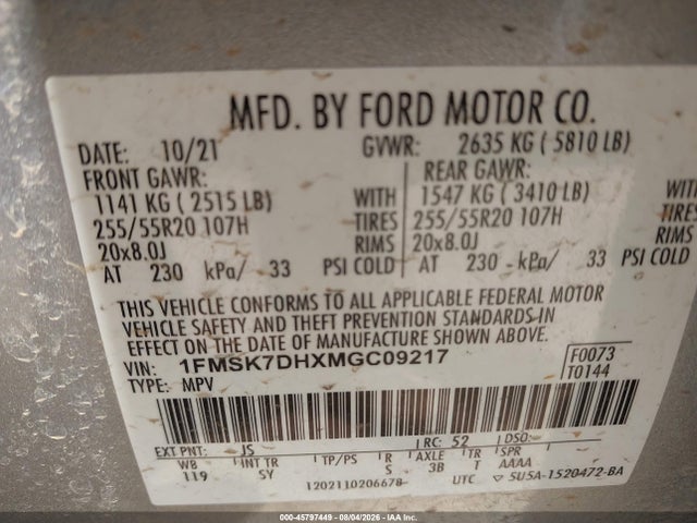 Продаж на аукціоні авто 2021 Ford Explorer Xlt, vin: 1FMSK7DHXMGC09217, номер лоту: 45797449