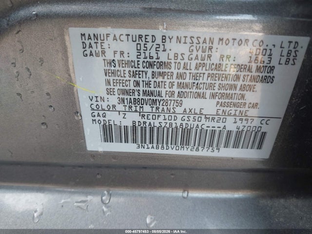 Продаж на аукціоні авто 2021 Nissan Sentra Sr Xtronic Cvt, vin: 3N1AB8DV0MY287759, номер лоту: 45797453