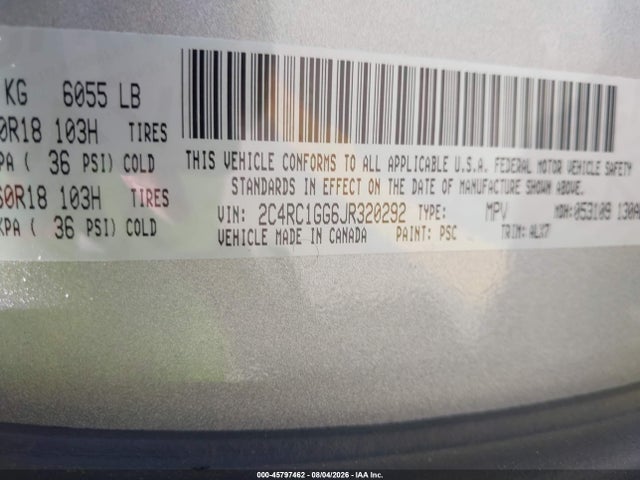 Aukcja sprzedaży 2018 Chrysler Pacifica Limited, vin: 2C4RC1GG6JR320292, numer aukcji: 45797462