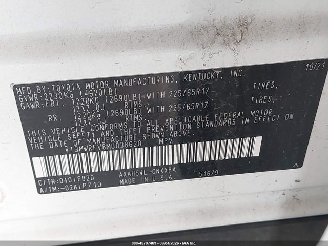 4T3MWRFV8MU038620 Toyota Rav4 Hybrid Le