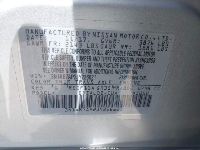 Продаж на аукціоні авто 2018 Nissan Sentra Sv, vin: 3N1AB7AP2JY226621, номер лоту: 45797469