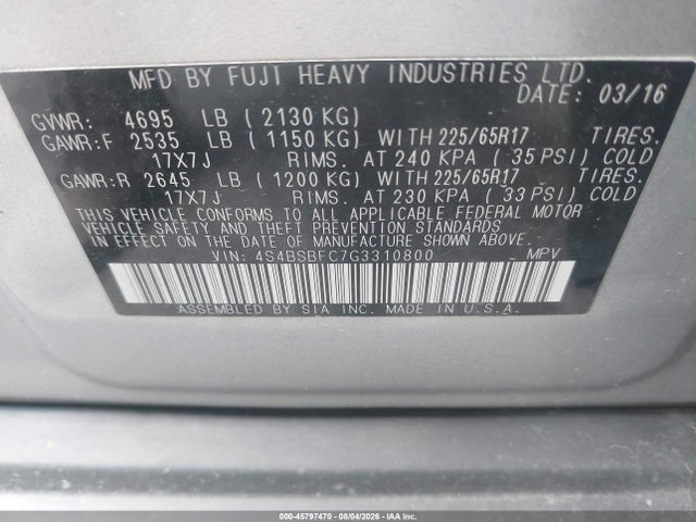 45797470 :رقم المزاد ، 4S4BSBFC7G3310800 vin ، 2016 Subaru Outback 2.5i Premium مزاد بيع