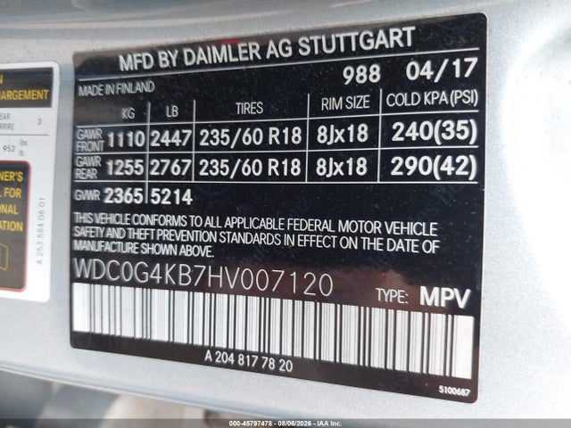 45797478 :رقم المزاد ، WDC0G4KB7HV007120 vin ، 2017 Mercedes-benz Glc 300 4matic مزاد بيع