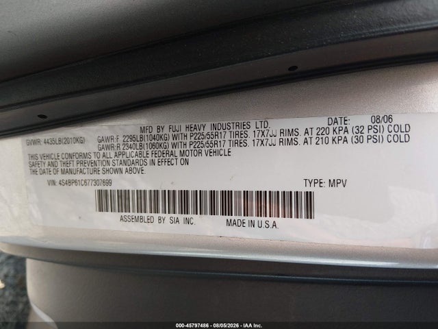 Aukcja sprzedaży 2007 Subaru Outback 2.5i, vin: 4S4BP61C677307699, numer aukcji: 45797486