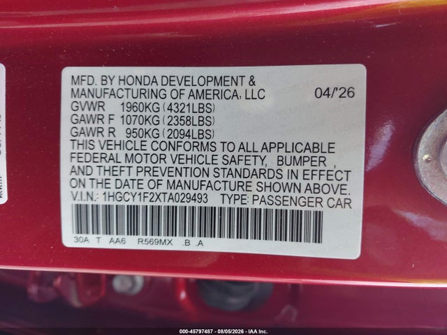Aukcja sprzedaży 2026 Honda Accord Lx, vin: 1HGCY1F2XTA029493, numer aukcji: 45797487