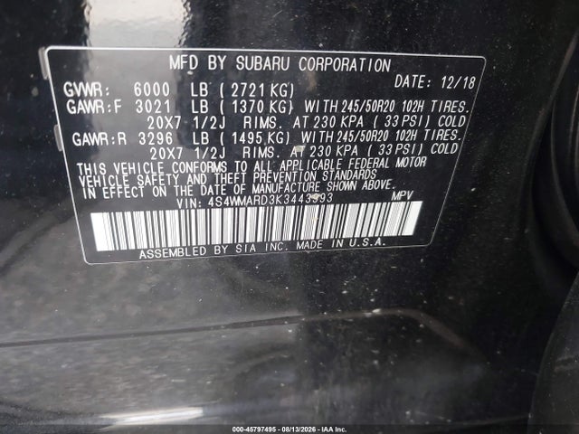 Subaru Ascent Touring 2019 4S4WMARD3K3443993 Image 9