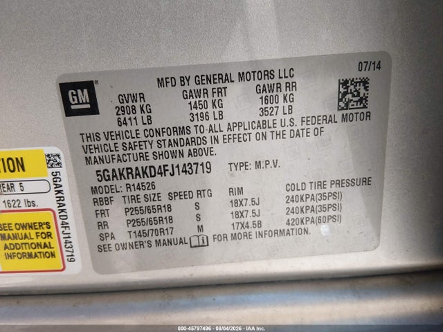 Aukcja sprzedaży 2015 Buick Enclave Convenience, vin: 5GAKRAKD4FJ143719, numer aukcji: 45797496